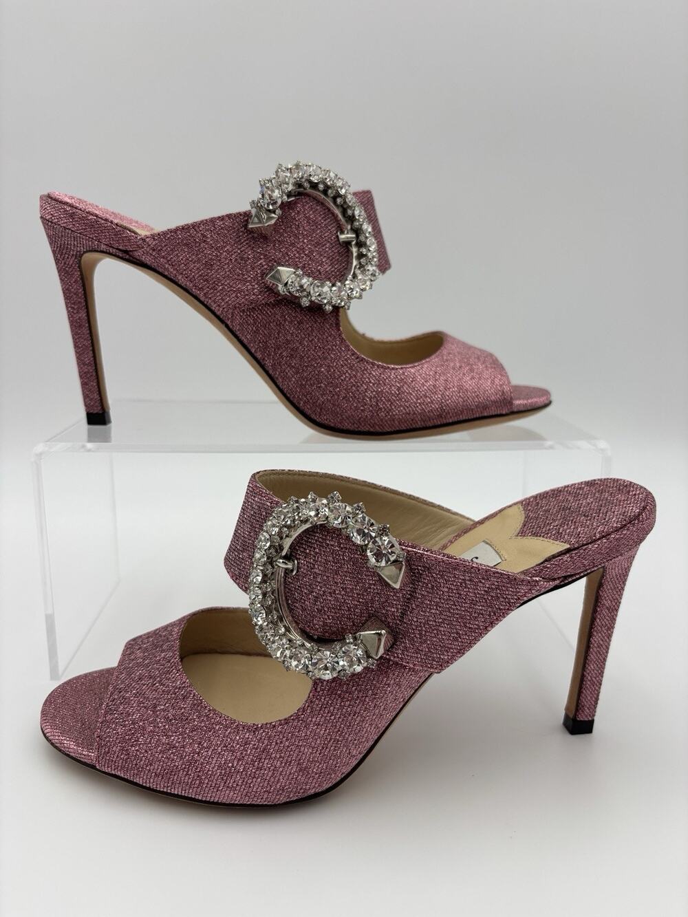 Jimmy Choo Saf 85 Crystal Buckle Sparkle Slides Pink Glitter Size 37 / 7 Heel